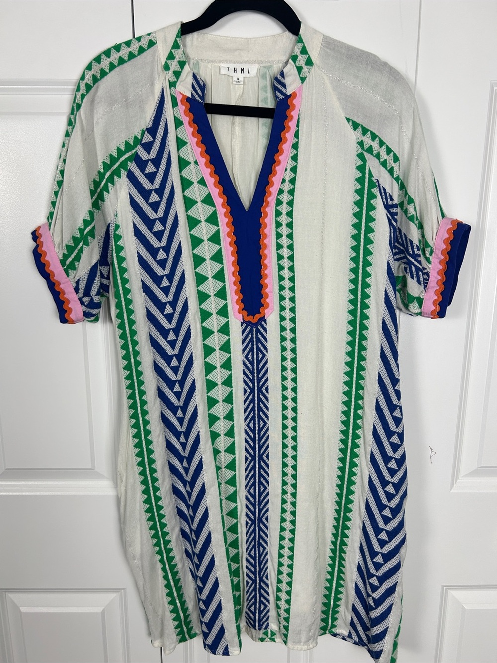 THML Women’s Stripe Tunic Dress in White with Blue & Green Pattern Size Medium